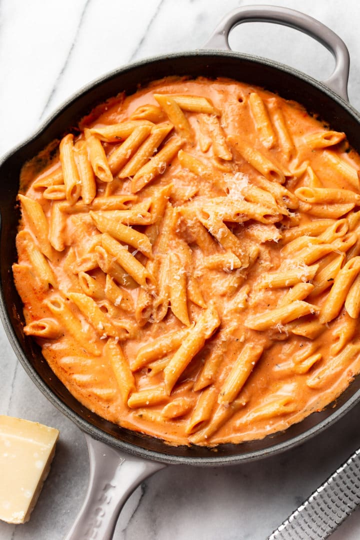 creamy tomato pasta in a skillet (tossed with penne)