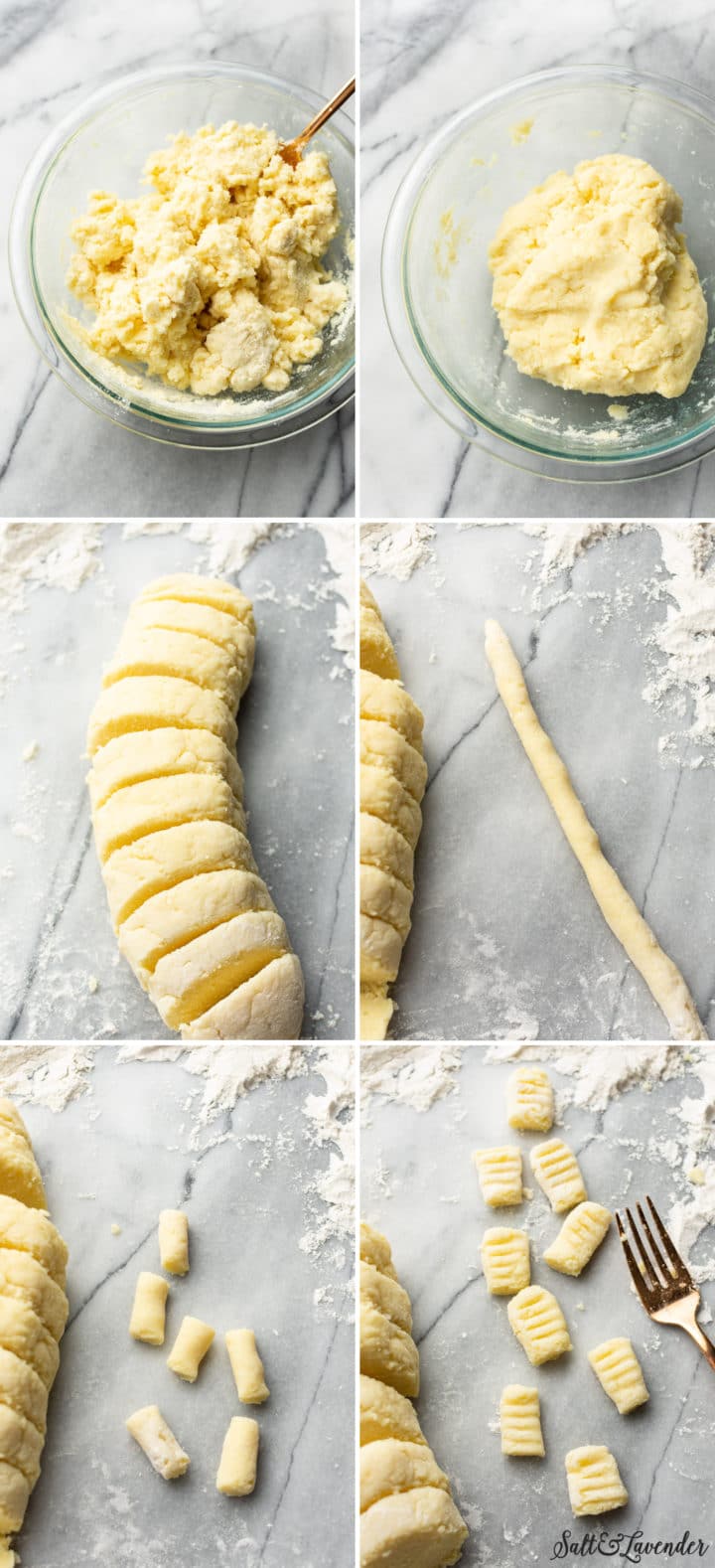 a collage (6 panels) showing the process of making DeLallo's gnocchi using their gnocchi kit (all photos on a marble pastry board)