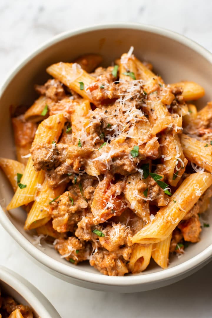 ground beef pasta in a bowl