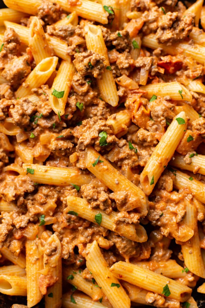 close-up of ground beef pasta