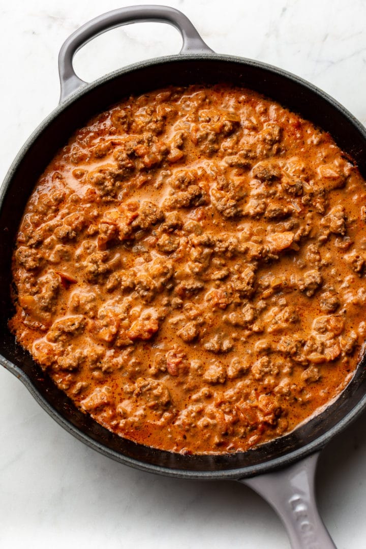 ground beef pasta sauce in a skillet