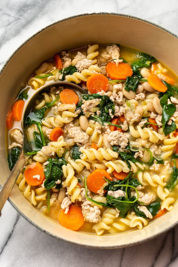 easy ground turkey soup close-up in a pot