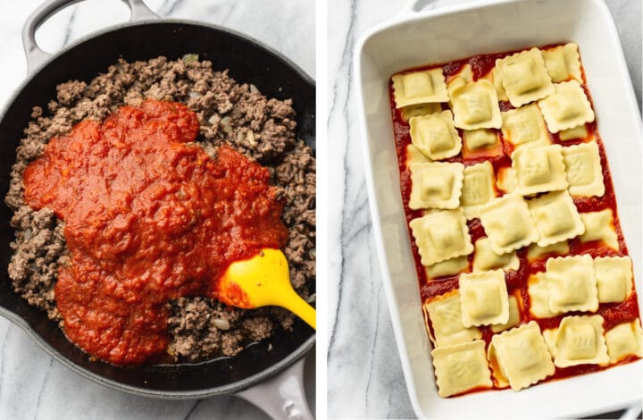 cooking ground beef in a skillet and adding marinara sauce and ravioli to a baking dish