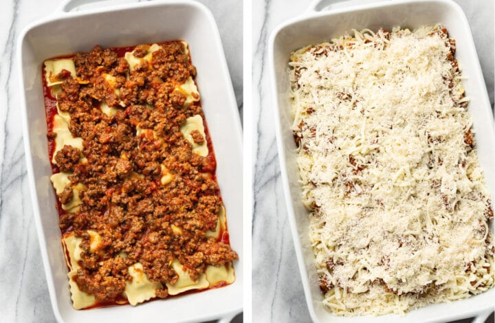 adding the beef and cheese layers to baked ravioli in a casserole dish