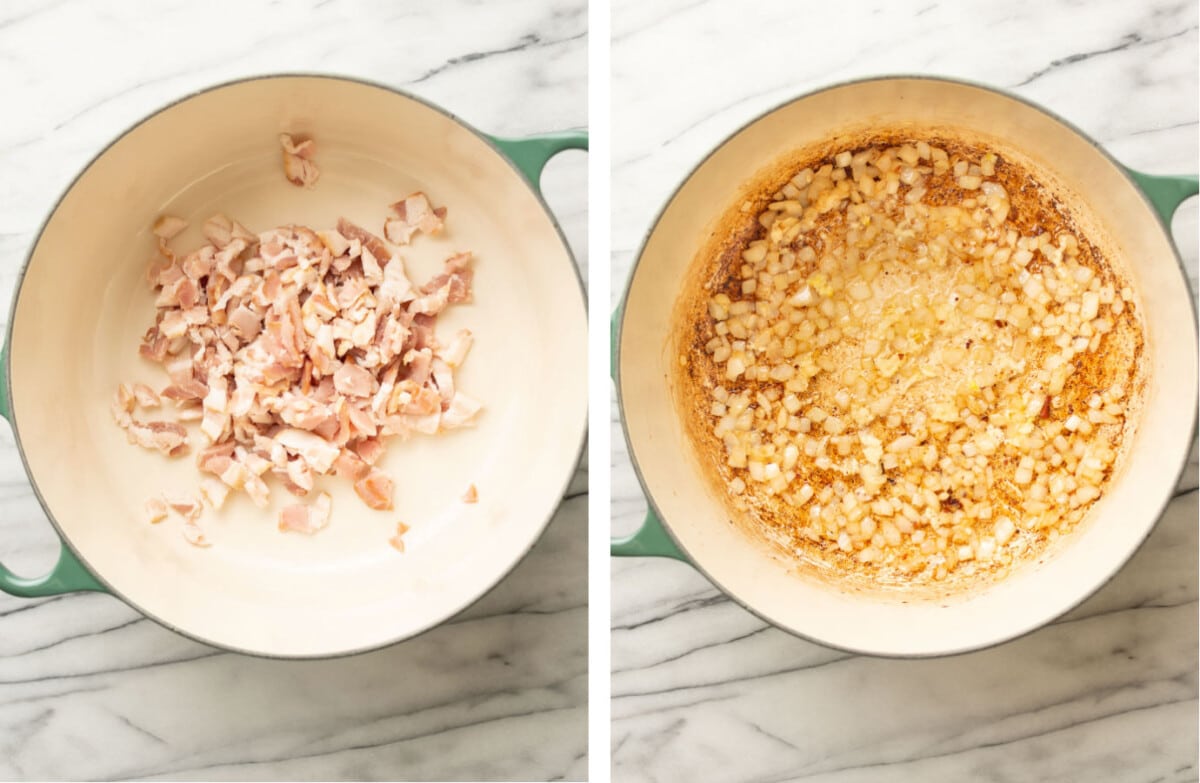 sauteing bacon in a soup pot and onions for chicken bacon gnocchi soup