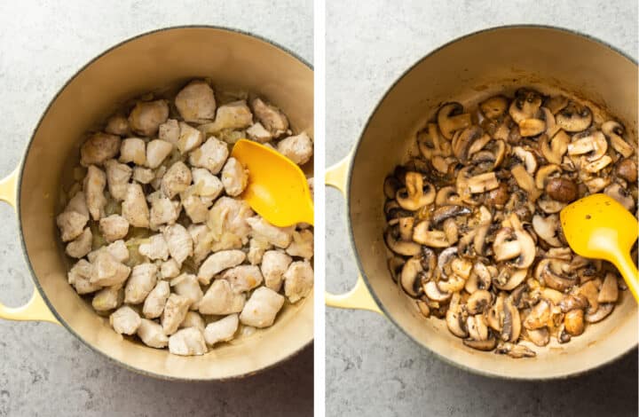 sauteing chicken and mushrooms in a soup pot for chicken tetrazzini