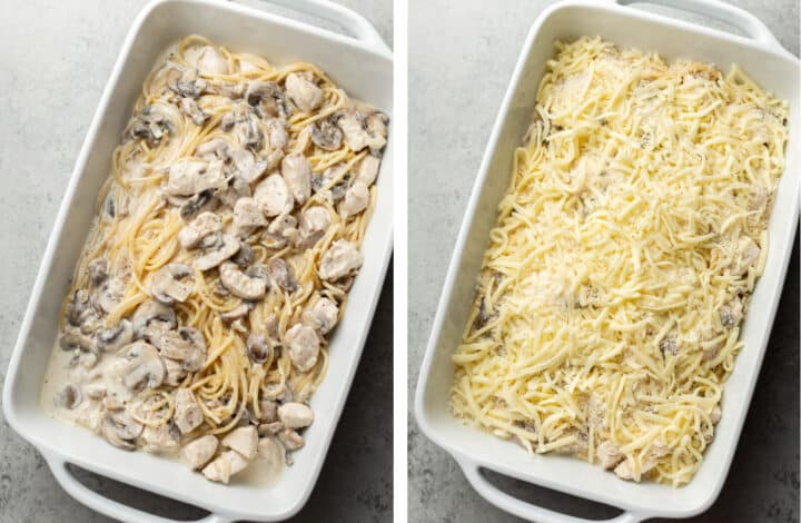 topping a baking dish of chicken tetrazzini with cheese