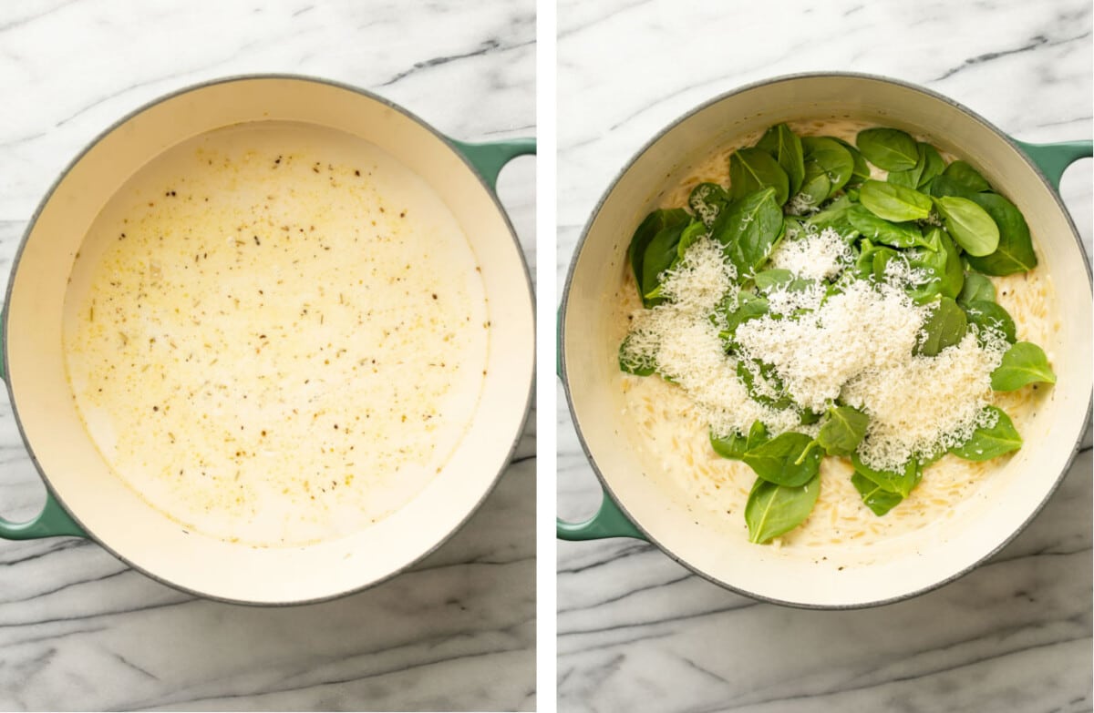 cooking creamy orzo in a soup pot and adding parmesan and spinach