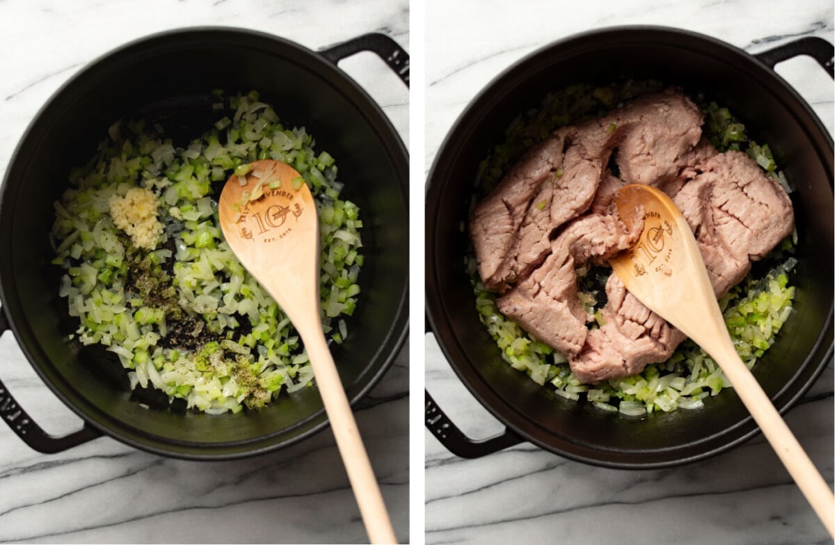 sauteing aromatics in a soup pot and cooking ground turkey
