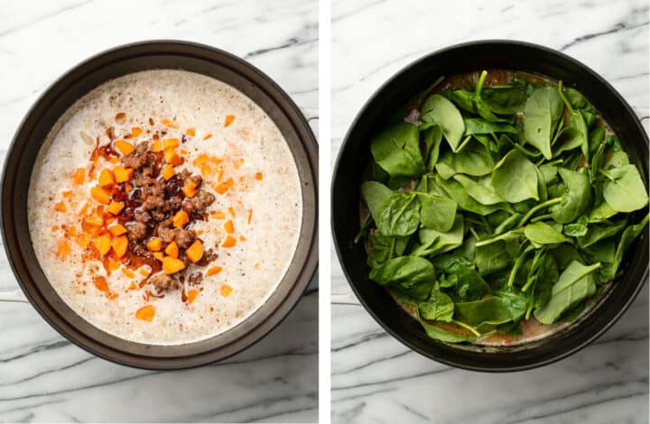 adding carrots and meat and spinach to a pot of sausage white bean soup