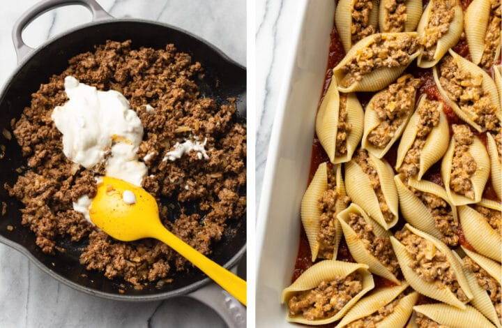 cooking ground beef mixture and stuffing into jumbo pasta shells in a baking dish