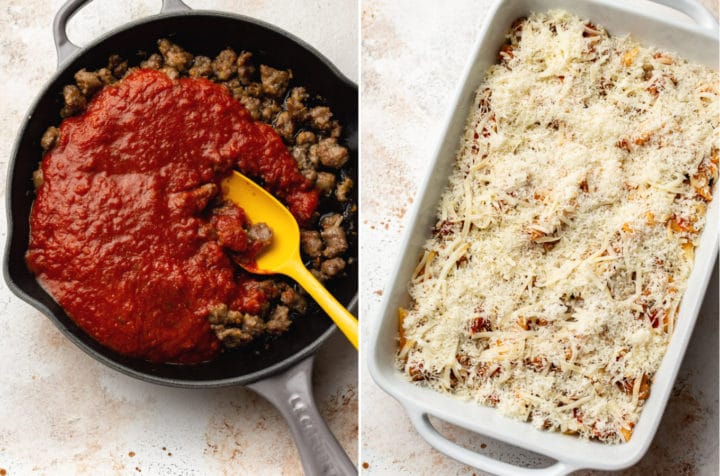 sausage penne pasta bake collage (sausage and marinara sauce in a skillet and the assembled casserole before being baked)