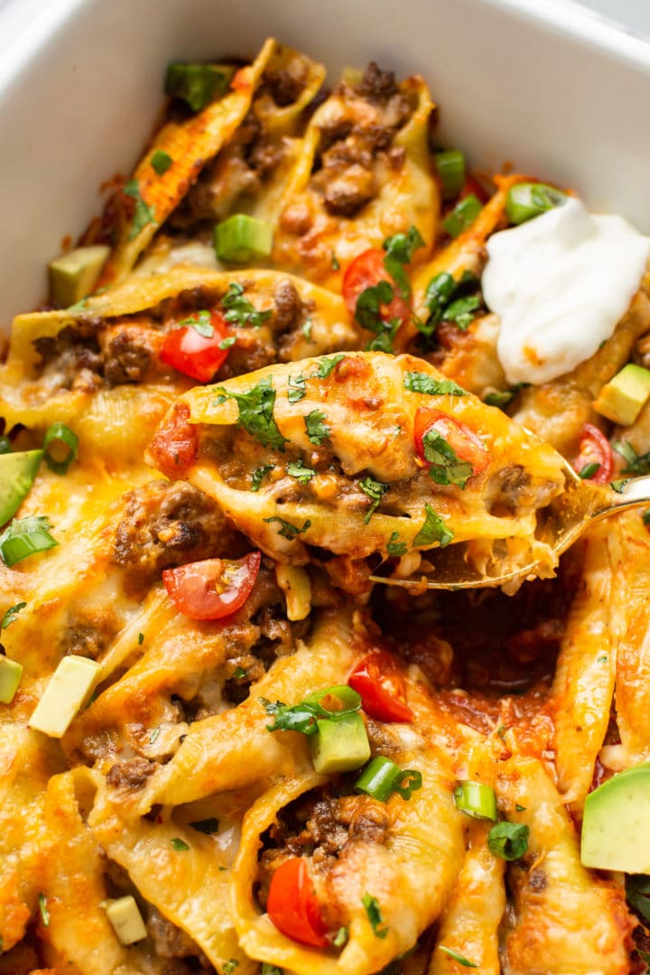 close-up of beef taco stuffed shells