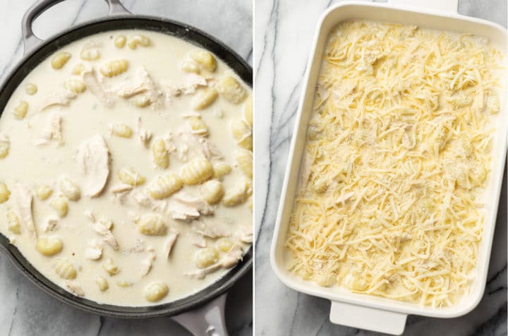 chicken alfredo gnocchi bake collage (in skillet and then pictured in a 9x13 prior to baking)