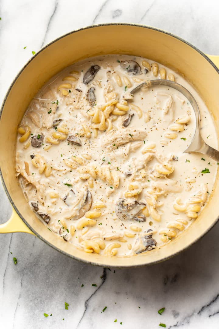 Chicken Tetrazzini Soup in a yellow soup pot with ladle