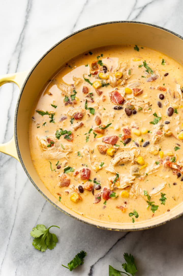 a pot full of delicious creamy chicken taco soup