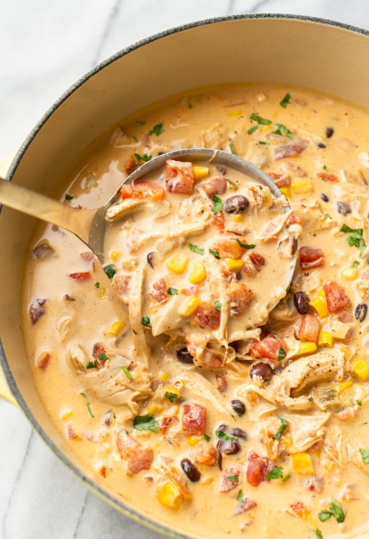 close-up of a ladle full of chicken taco soup (in a pot)