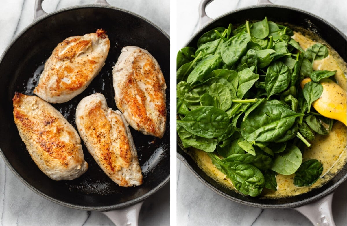 pan frying chicken in a skillet and making creamy pesto sauce with spinach