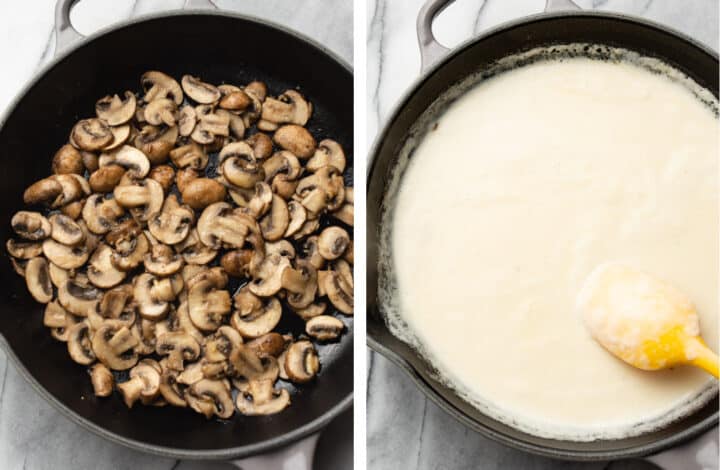 sauteing mushrooms and making cream sauce in a skillet