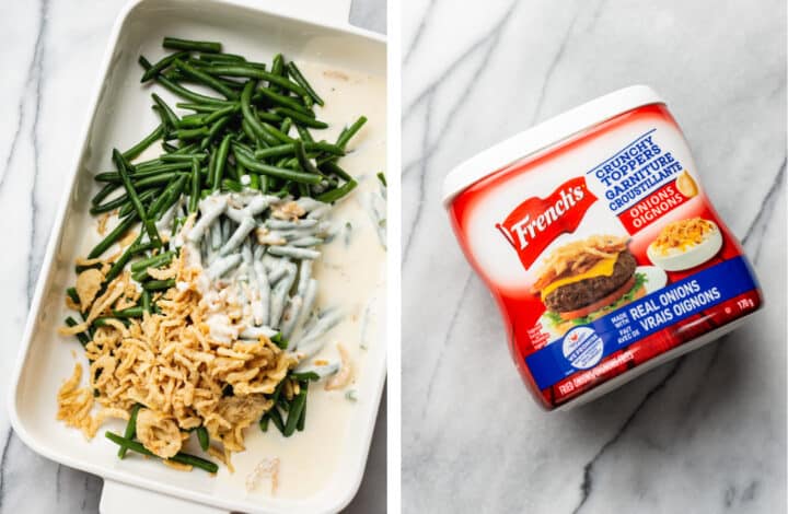 adding beans, onions, and cream sauce to a baking dish for green bean casserole