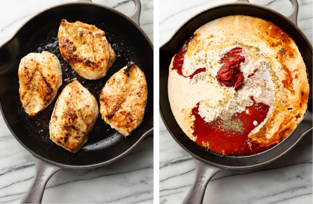 pan frying chicken in a skillet and then making a tomato cream sauce