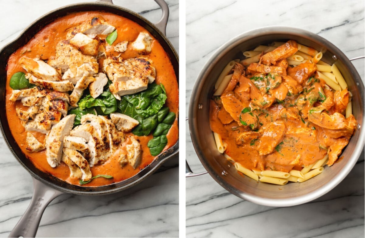 adding chicken and spinach to a skillet with tomato sauce, then tossing with pasta