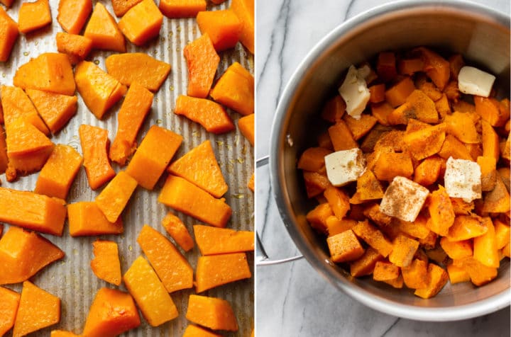 how to make mashed butternut squash (collage with roasted butter nut squash pieces on a baking sheet and then able to be mashed in a pot with some butter)