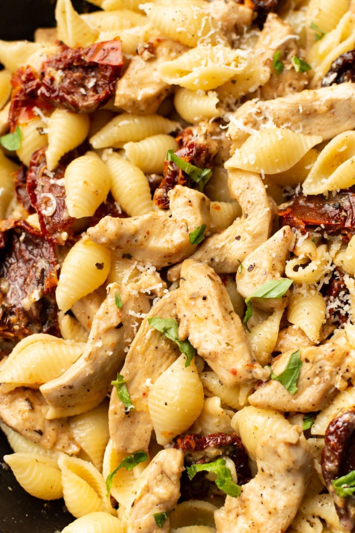 close-up of sun-dried tomato chicken pasta