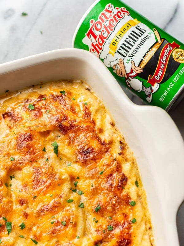 close-up of Cajun scalloped potatoes in a baking dish