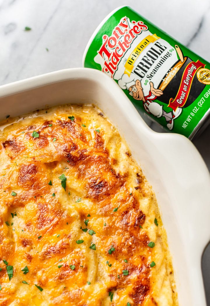 close-up of Cajun scalloped potatoes in a baking dish