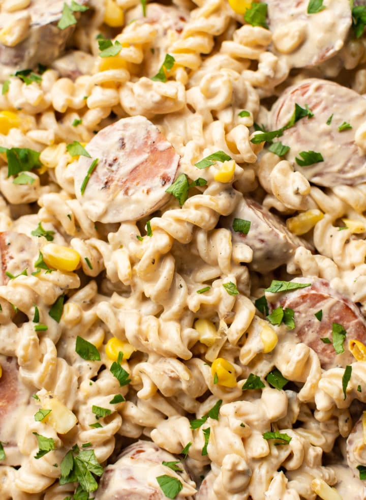 close-up of creamy smoked sausage pasta