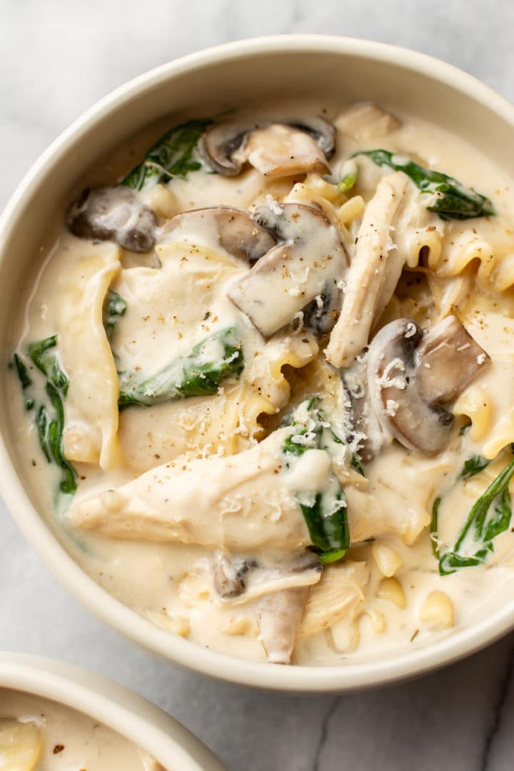 close-up of creamy chicken lasagna soup