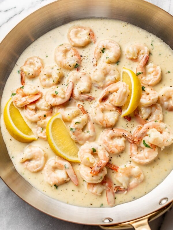 creamy shrimp (lemon garlic parmesan sauce) in a skillet