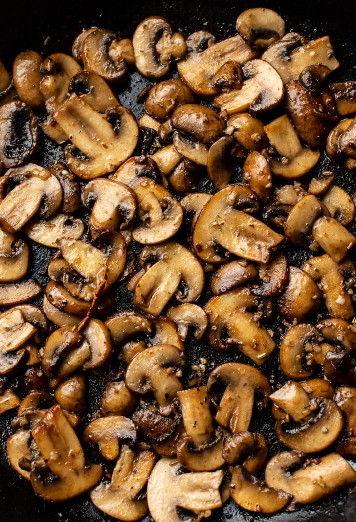 close-up of pan seared sliced mushrooms