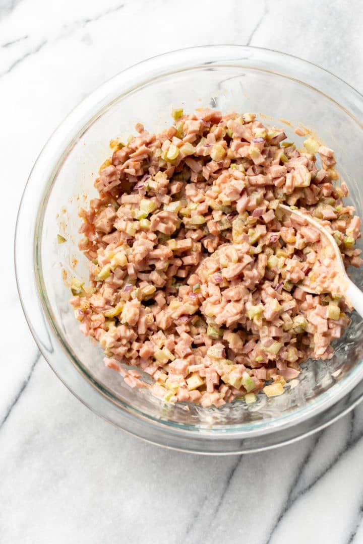 ham salad sandwich in a glass prep bowl