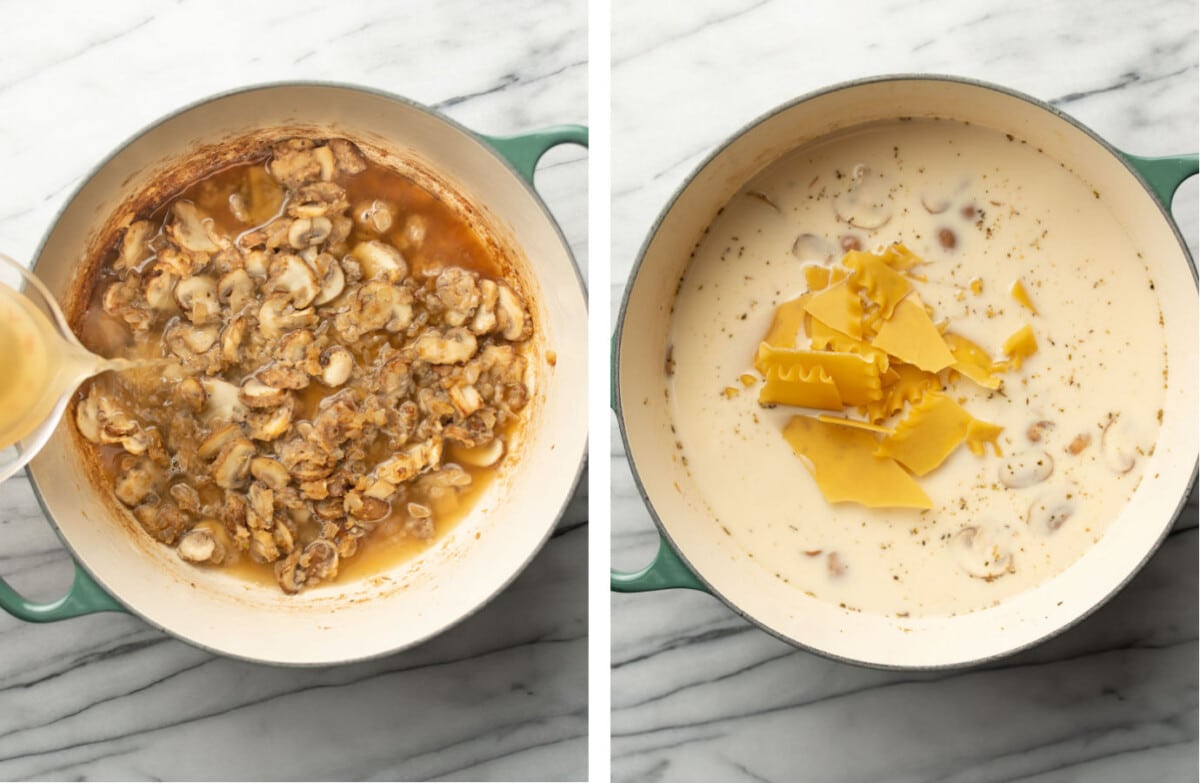 adding broth, cream, and lasagna noodles to a soup pot