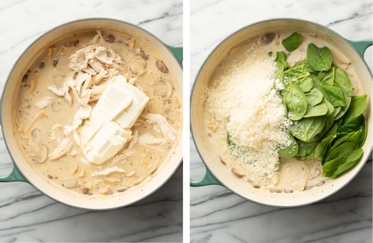 adding cream cheese, parmesan, and spinach to a pot of chicken lasagna soup