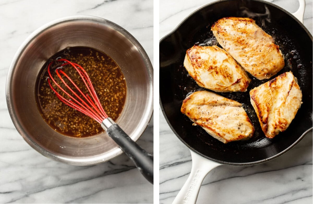 whisking honey garlic sauce in a prep bowl, then pan searing chicken in a skillet