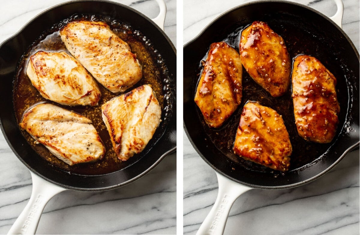 a skillet with honey garlic chicken before and after cooking in the oven