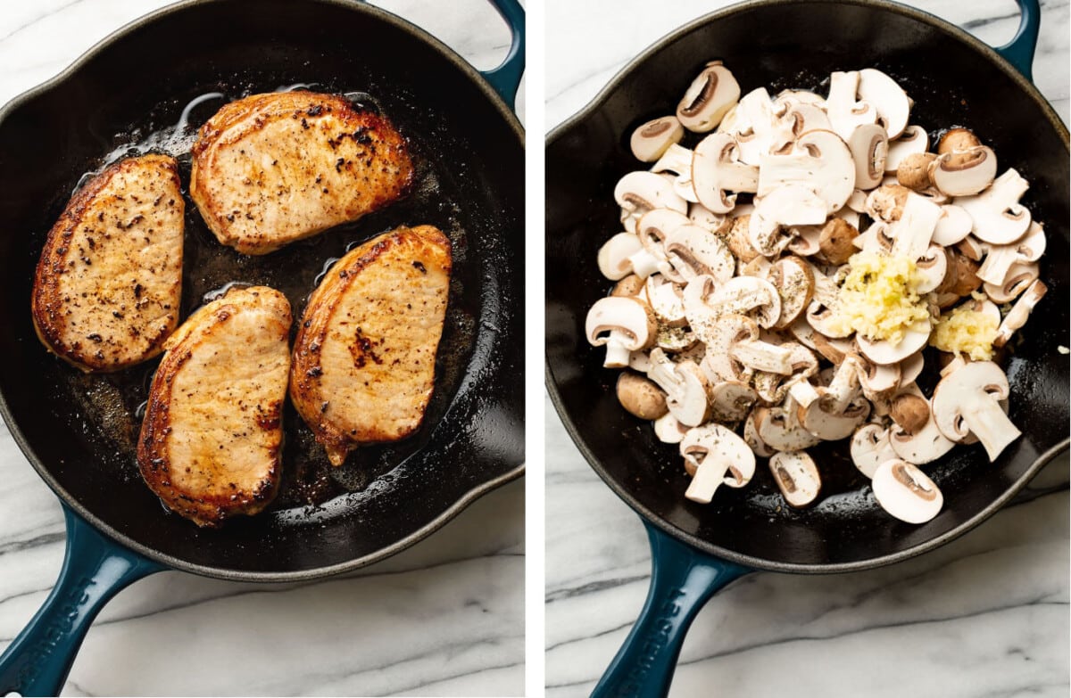 pan frying pork chops and mushrooms in a skillet