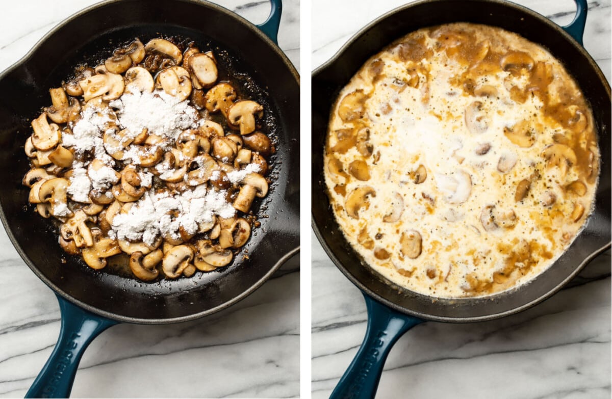 making sauce for spinach mushroom pork chops in a skillet and then adding cream