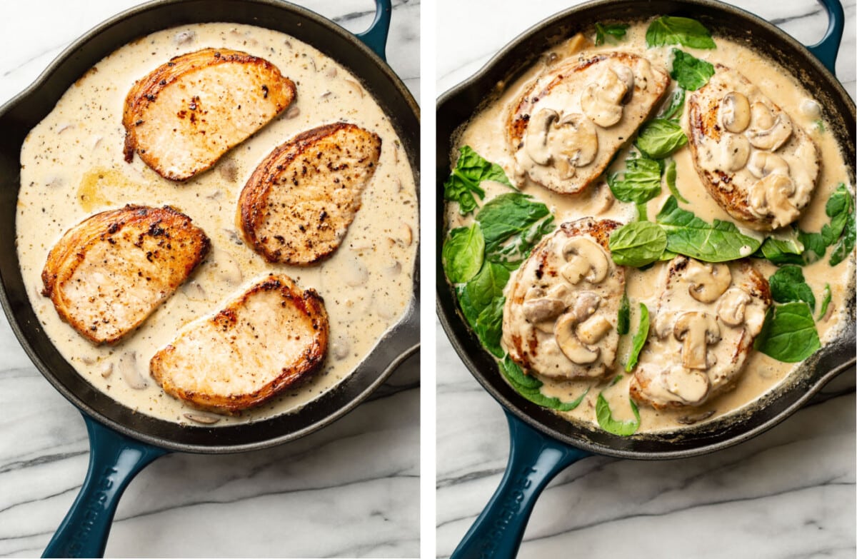 returning pork chops to a skillet with sauce and adding spinach