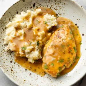 ranch chicken with mashed potatoes in a shallow bowl