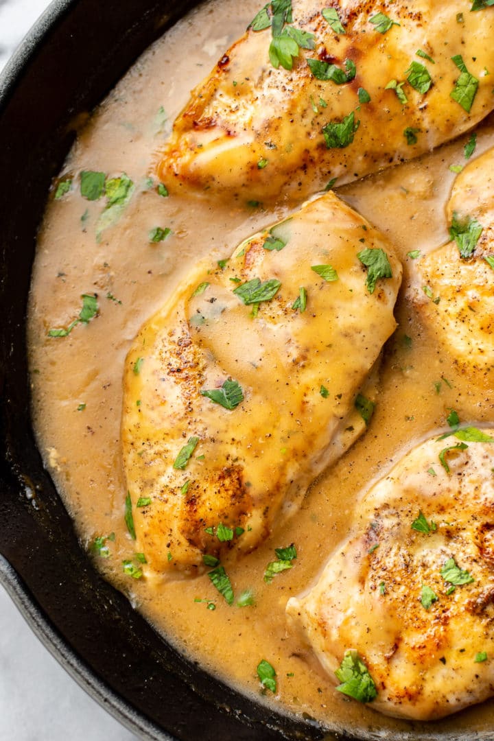 close-up of ranch chicken breasts with gravy