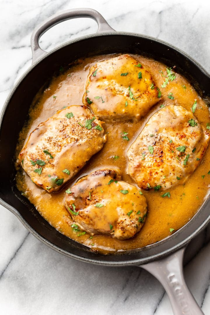 ranch pork chops in a cast iron skillet