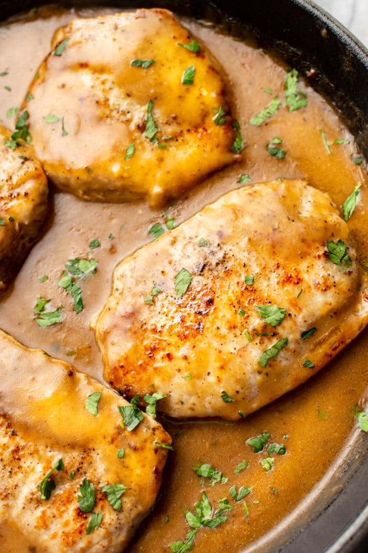 close-up of ranch pork chops in a skillet