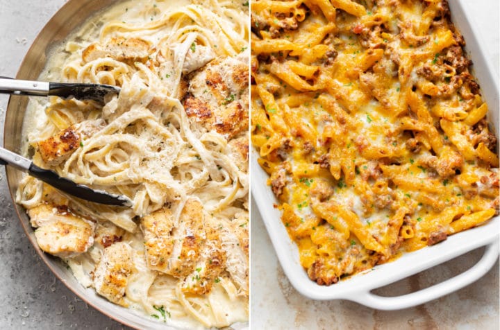 collage with chicken fettuccine alfredo and ground beef casserole