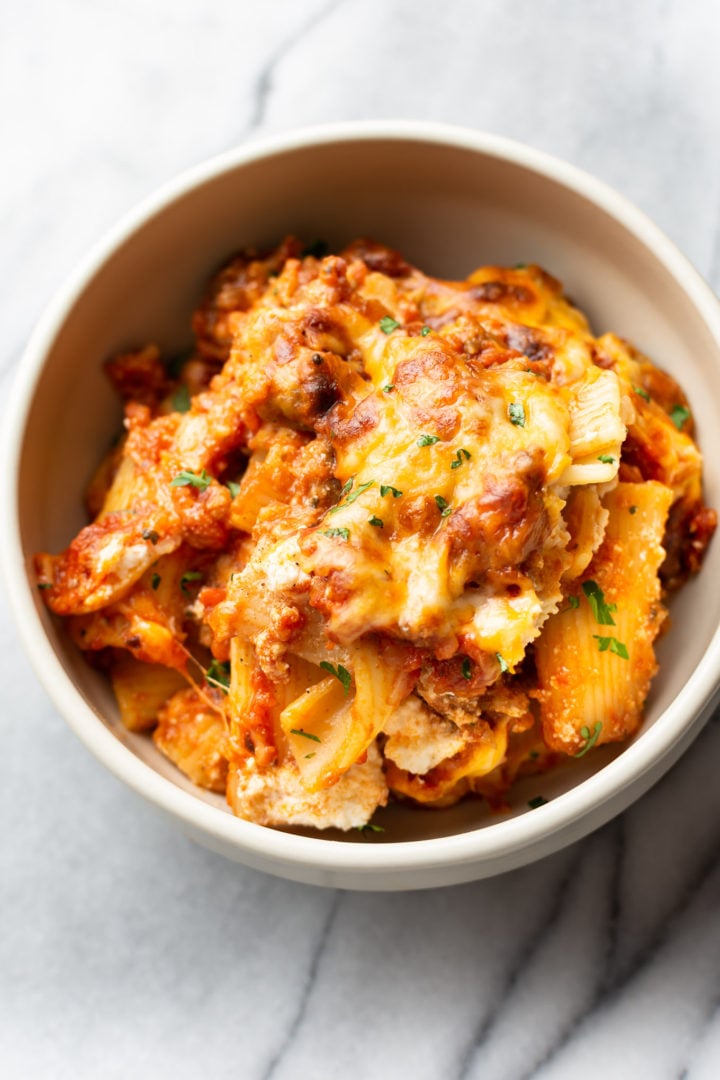 rigatoni bake in a bowl