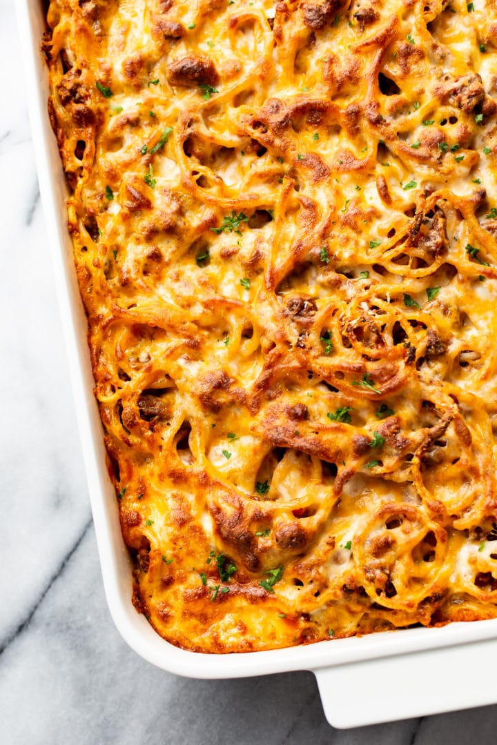 close-up of baked spaghetti in a casserole dish