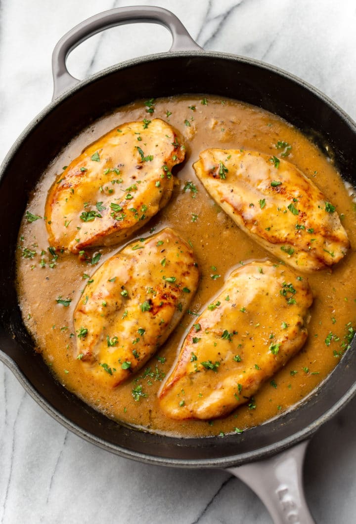 chicken and gravy in a skillet